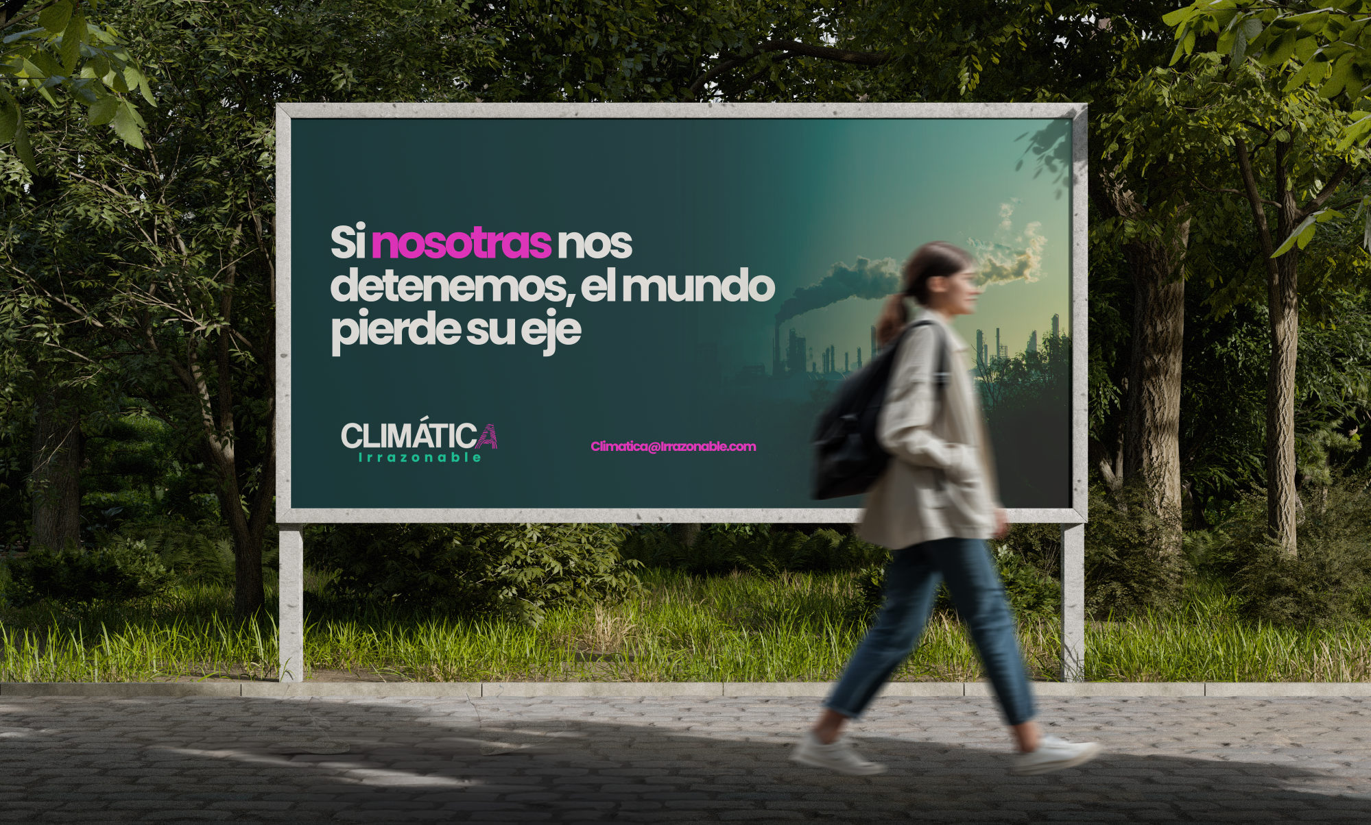 Mockup de la campaña de Climática en un espectacular junto a un parque